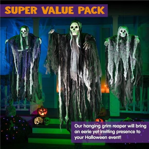 3 Pack Hanging Skeleton Ghost Decorations - Adjustable Grim Reaper Outdoor Decor - Picture 2 of 8